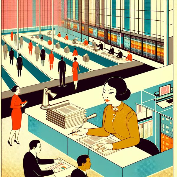 Retro-futuristische werkplek illustratie Jan van der Veken Retro-futuristische illustratie van een vrouw die een team overziet in een futuristisch kantoor