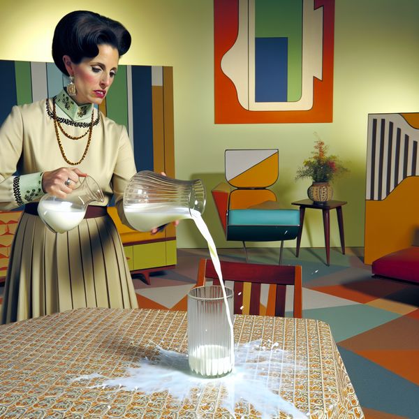 Een elegante vrouw in een jaren '60-outfit morst melk uit een glazen kan op een tafel met een gestreepte tafelkleed.
