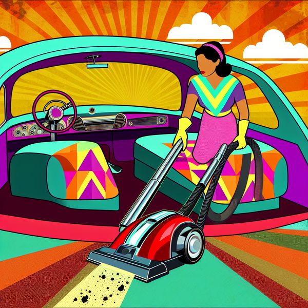 Retro-futuristische illustratie van een vrouw die het interieur van een auto stofzuigt Vrouw stofzuigt het interieur van een retro-futuristische auto met geometrische patronen