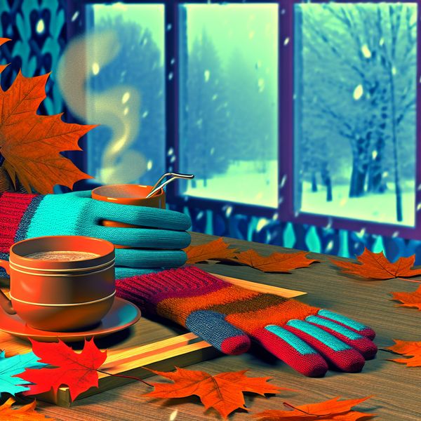 Retro-futuristische wanten op een houten tafel Retro-futuristisch beeld van kleurrijke wanten op een houten tafel met herfstbladeren en een kop warme chocolademelk, terwijl buiten sneeuw valt.