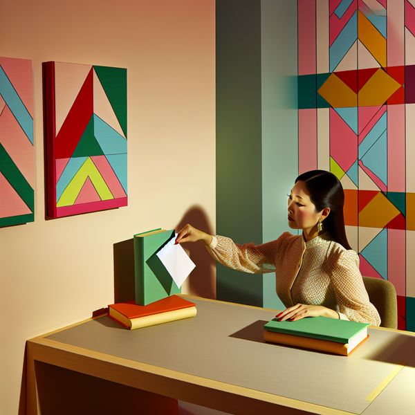 Retro-futuristische werkplek met vrouw en kleurrijke boeken Een vrouw plaatst zorgvuldig een stuk papier tussen twee kleurrijke, geometrische boeken op een minimalistisch bureau.