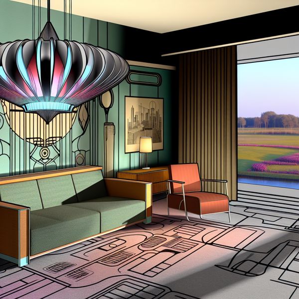 Retro-futuristische Woonkamer met Hanglamp Retro-futuristische woonkamer met een dramatische hanglamp die complexe schaduwen op de muren werpt.