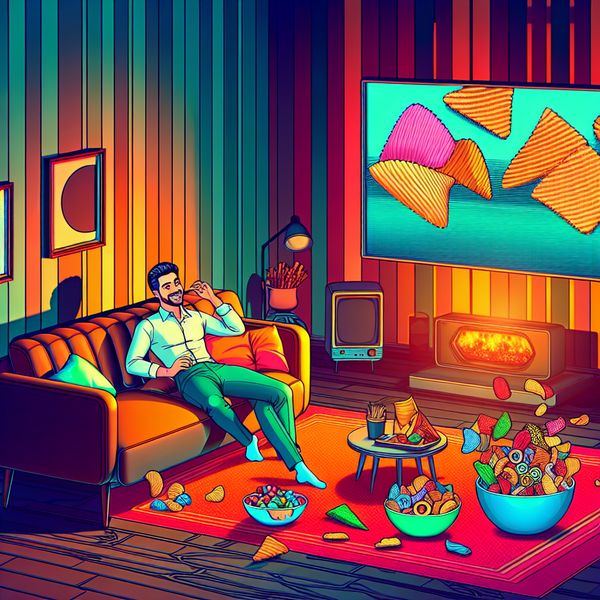 Retro-futuristische woonkamer met ongezonde snacks Retro-futuristische woonkamer met een persoon op een vintage bank tijdens filmmarathon, omringd door ongezonde snacks.