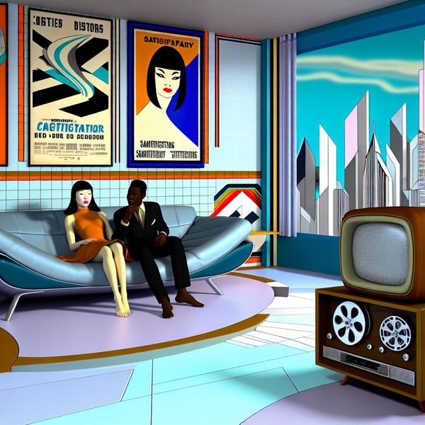 Een retro-futuristisch woonkamer met een stel op een moderne bank, dat een film bespreekt.
