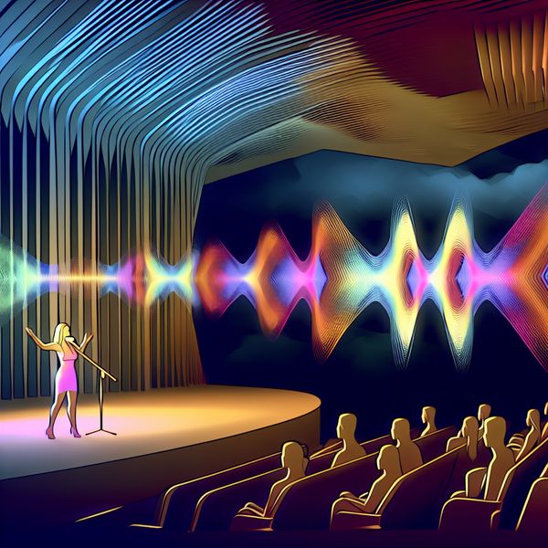 Een zangeres op een podium in een retro-futuristische concertzaal, omringd door geometrische vormen en moderne kunst, met visuele geluidsgolven.