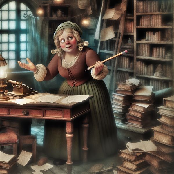 Vrouwelijk personage in Anton Pieck-stijl, schetst een begrotingsplan aan een antiek bureau