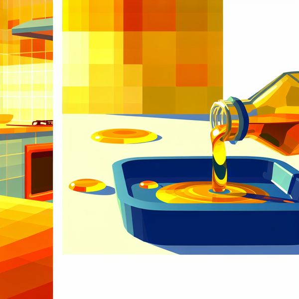 Retro Keuken Met Olie Fles Illustratie Retro keukenillustratie met een omgevallen glazen fles en druppelende olie op een aanrecht