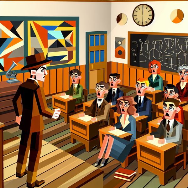 Verbaasde reactie in retro klaslokaal - gevoel van verbazing oproepen Retro-futuristische klaslokaalillustratie waarin een student met onverwachte eerlijkheid spreekt, waardoor de leraar en medestudenten verbaasd reageren