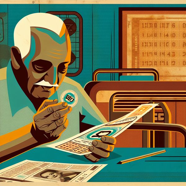 Ouderwetse illustratie van een man die een loterijbriefje vasthoudt in een nostalgische jaren 50-60 setting