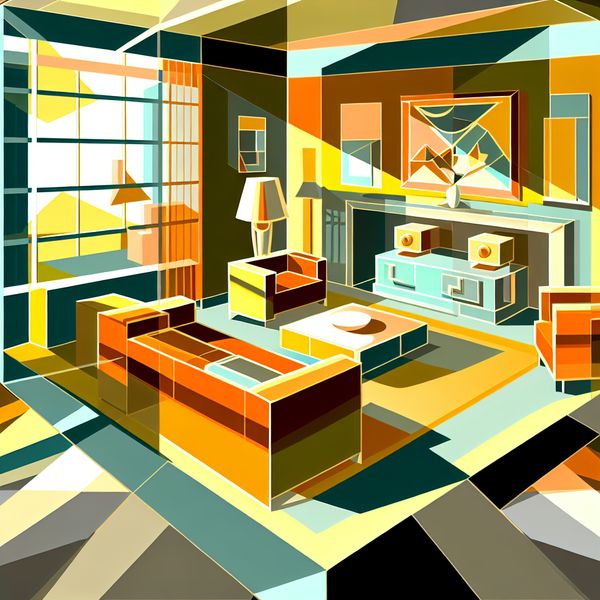 Illustratie woonkamer: retro interieur met duidelijke kamerindeling voor taalonderwijs Retro-futuristische illustratie van een gezellige woonkamer met mid-century meubels, duidelijke muren en grote ramen in warme kleuren