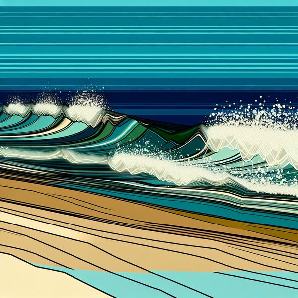 Retro-futuristische strandscène met dynamische golven Retro-futuristisch strandlandschap met grote golven die over het zand spoelen.