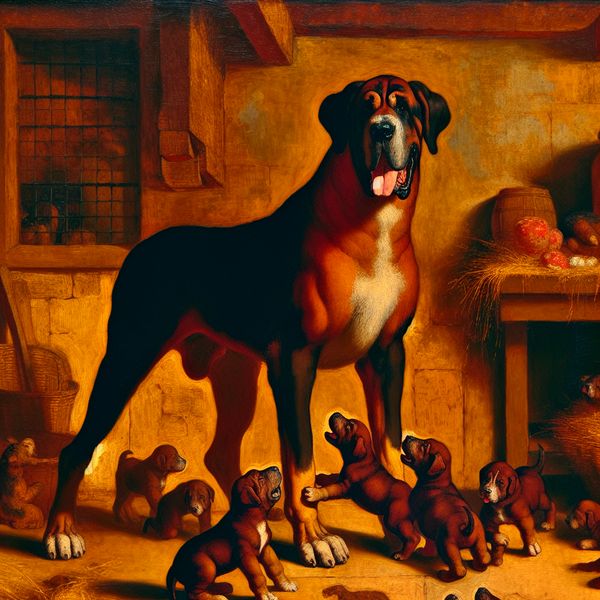 Reu met puppy's: Nederlandse schilderkunst van mannelijke hond in boerderijsetting Grote mannelijke hond (reu) met glanzende vacht omringd door speelse puppy's in een traditionele Nederlandse boerderijsetting, geschilderd in de stijl van Frans Hals