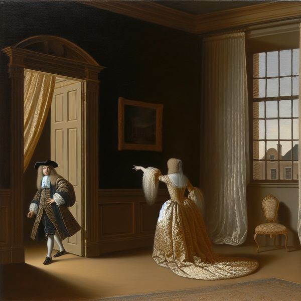 17e-eeuws schilderij van een elegante persoon in luxe kleding die richting een open deur wijst in een verfijnd Hollands interieur