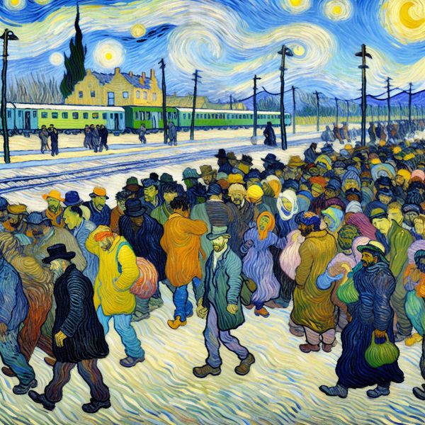 Leren Nederlands: richting en beweging in Van Gogh-stijl Groep mensen loopt met zwierige penseelstreken van Van Gogh richting een verre treinstation onder een dynamische lucht