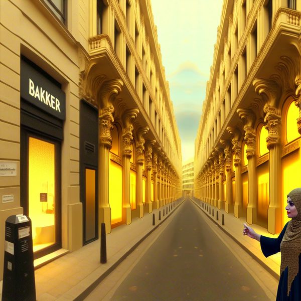 Betekenis van richting rechts leren met visuele voorbeeld - Nederlands als tweede taal Persoon wijst naar rechterkant van straat met warme verlichting bij bakkerij in surrealistische stadsscène