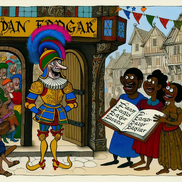 Ridder in glanzende harnassen met dorpsregister van Dan Edgar Een cartoonachtige ridder in glanzende harnassen voor een open dorpsregister met de naam 'Dan Edgar', omringd door nieuwsgierige dorpelingen.