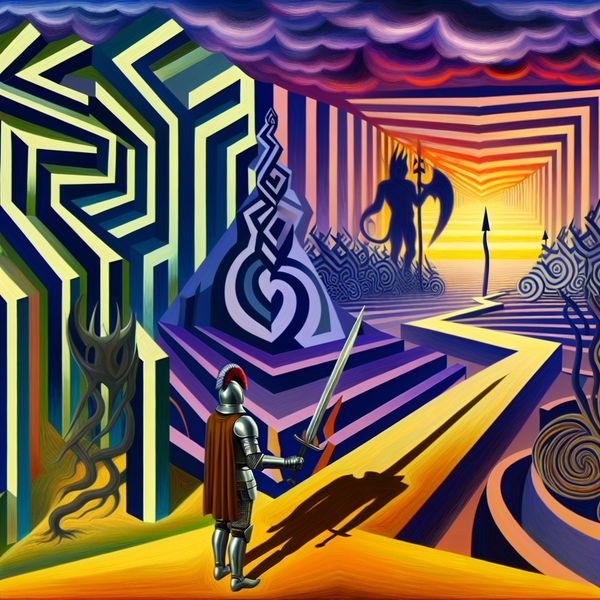 Keuze tussen eer en oneer: symbolische voorkeur in Escher-achtige scène Middeleeuwse ridder bij een kruispunt in Escher-stijl, kiest eer boven oneer met neergelaten zwaard