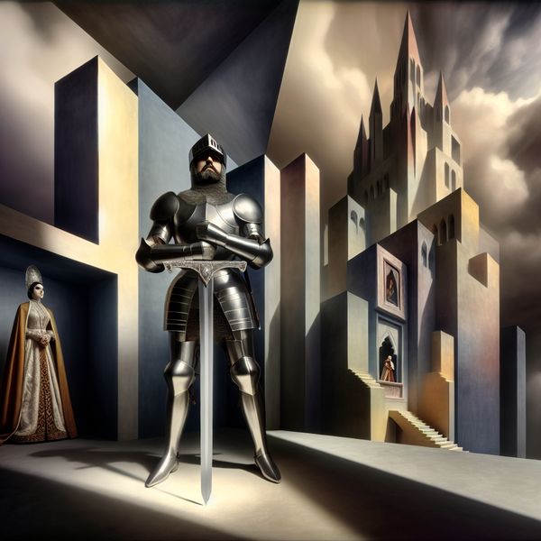 Hyperrealistische surrealistische scène van een middeleeuwse ridder in harnas die zijn reputatie verdedigt voor een gotisch kasteel, met een koningin op het balkon