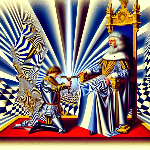 Ridderverheffing door de koning in surrealistische stijl Een riddersceremonie waarbij een koning een ridder tot ridderheid verheft met surrealistische en geometrische elementen op de achtergrond.