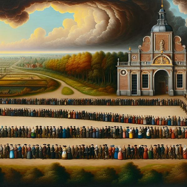 17e-eeuws Hollands landschap met een rij van precies 100 mensen in historische kleding voor een weelderige bioscoop, geschilderd in de stijl van Jacob van Ruisdael
