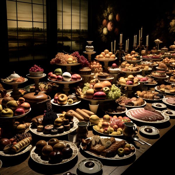 Rijke eettafel met diverse gerechten voor een feestelijke maaltijd Mooi gedekte eettafel met een verscheidenheid aan kunstzinnig gepresenteerde gerechten, waaronder fruit, vlees en desserts, met dramatische verlichting en een chiaroscuro effect