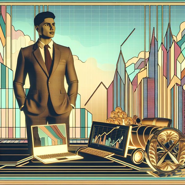 Rijke ondernemer in futuristische kantooromgeving Moderne retro-futuristische illustratie van een rijke ondernemer in een futuristisch bureau met geometrische vormen