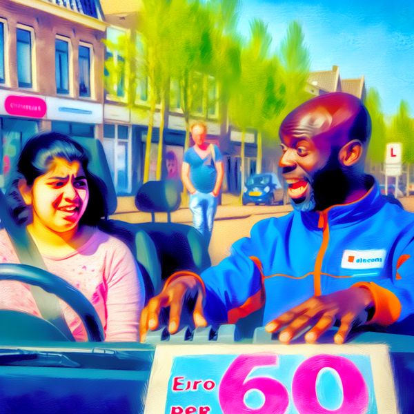 Rijinstructeur en student starten eerste rijles Een rijinstructeur legt aan een student de bedieningselementen van de auto uit voordat ze aan hun eerste rijles beginnen.