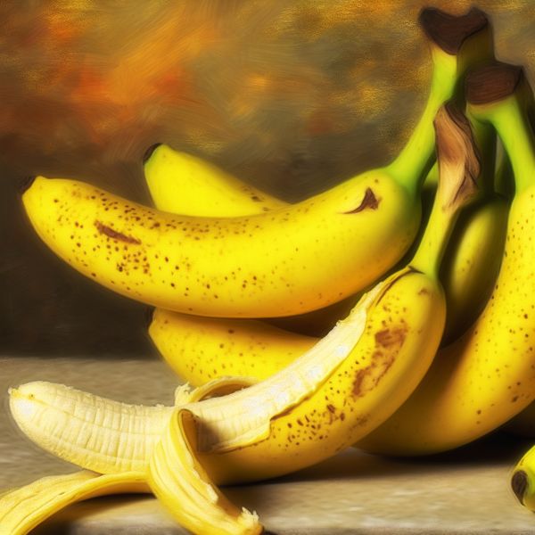 Rijpe gele bananen met bruine vlekjes, waarvan één gedeeltelijk geschild, in een levendig stilleven in de stijl van Frans Hals