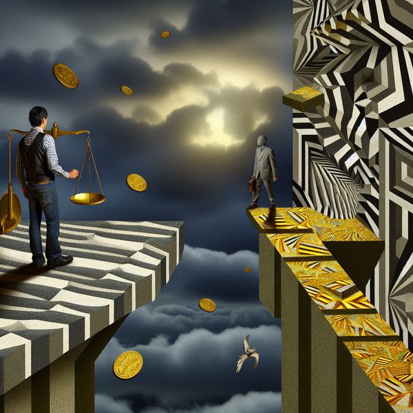 Risico en keuzes: surrealistisch kunstwerk over gevolgen van beslissingen Surrealistische illustratie in de stijl van M.C. Escher van een man op een geometrische klif die twee paden afweegt: een gouden pad naar vrijheid en een donker pad met gevolgen, symboliserend risico en keuzes