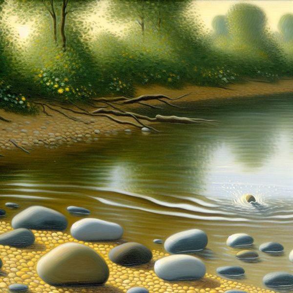 Rustige rivierlandschap met glanzende stenen aan de oever en zachte watergolven.