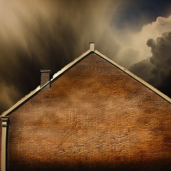Robuuste Muur Ondersteunt Dak Tegen Storm A strong back wall of a house supporting the roof against a stormy sky, with chiaroscuro lighting enhancing the texture of the bricks.