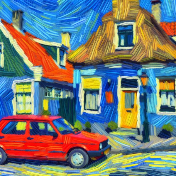 Rode auto voor charmant Nederlands huis in Van Gogh-stijl