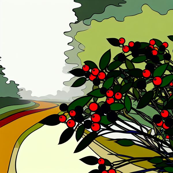 Vibrante illustratie van rode en zwarte bessen groeiend op struiken in de natuur, met een bosachtergrond en een kronkelig pad.