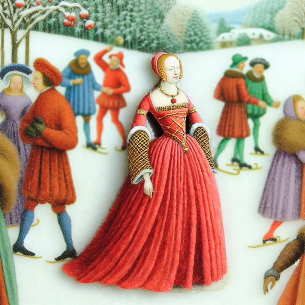 Rode jurk in winterse bruiloftsscène - historische kleding voor feesten en gelegenheden Elegante vrouw in rode jurk op een levendige winterse bruiloft, omringd door schaatsers en feestvierders in een schilderij van Hendrick Avercamp