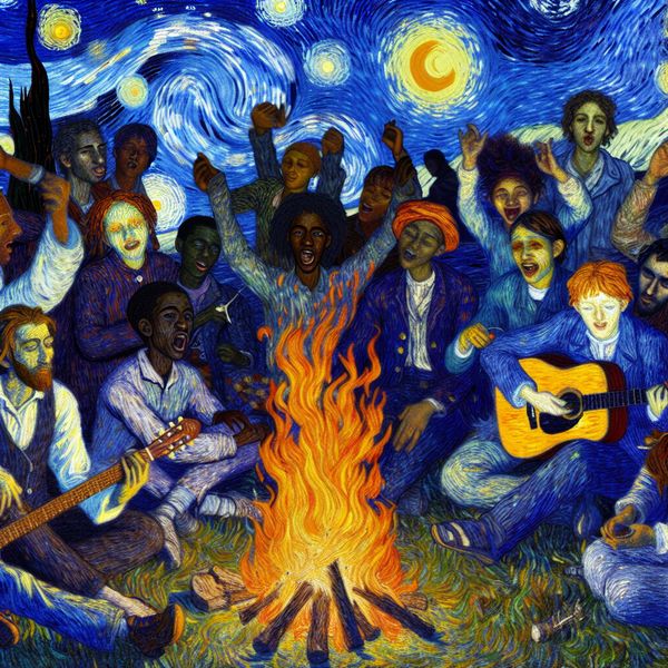 Joviale Camping Avontuur met Vrienden Een groep diverse jonge mensen rondom een kampvuur, lachen, gitaar spelen en marshmallows roosteren onder een sterrenhemel.