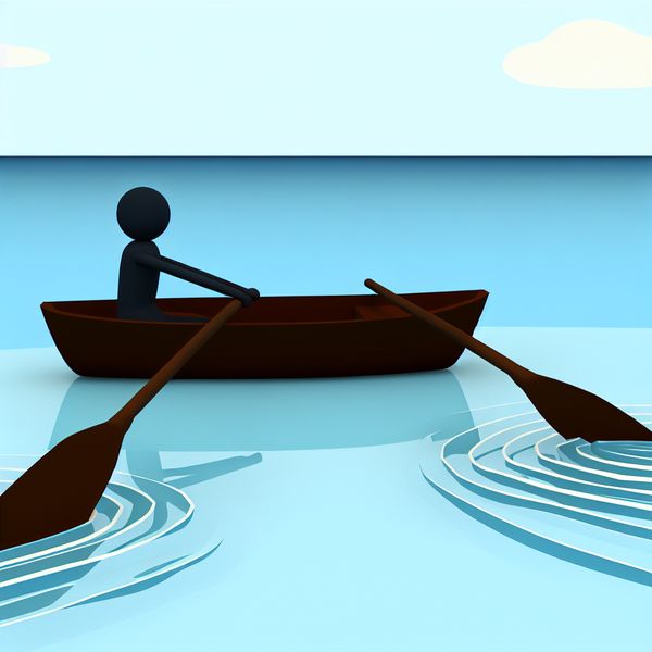Roeien op een meer: illustratie van roeispanen in actie Minimalistische illustratie van een persoon die roeit in een bootje op een rustig meer, met duidelijke roeispanen in het water