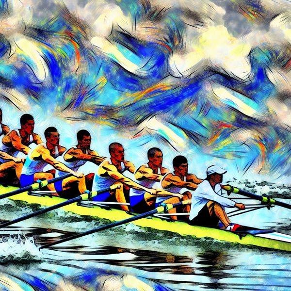 Roeiteam van acht in actie - abstract expressionisme en teamwork in roeisport Abstract expressionistische afbeelding van een roeiteam van acht met stuurman in actie, met krachtige roeislagen en dynamische beweging