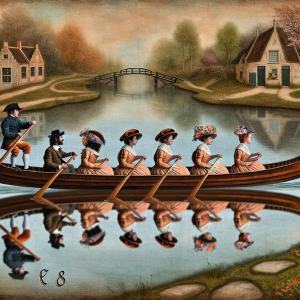 Roeiteam van acht personen in nostalgisch dorp | Taal leren Nederlands Een nostalgische roeiteam van acht personen in een houten boot op een rustige rivier, omringd door een sprookjesachtig dorp in de stijl van Anton Pieck