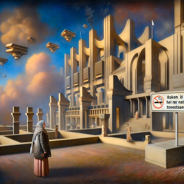 Een persoon kijkt verbaasd naar een bord 'Roken is hier niet toegestaan' voor een imposant gebouw onder een surrealistische lucht.