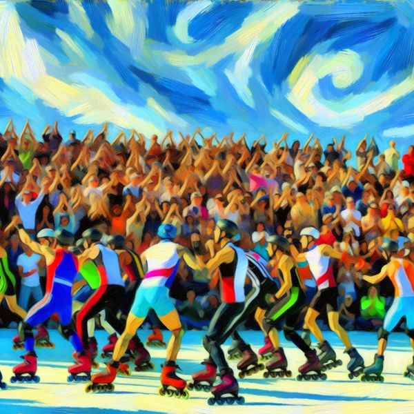 Zomerse Rolschaatswedstrijd in een Kleurrijke Setting Een kleurrijk buiten evenement met rolschaatsers in levendige kostuums die dynamische bewegingen uitvoeren en in een competitieve houding staan, onder een blauwe lucht met dikke penseelstreken.