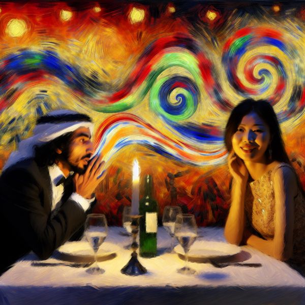 Romantisch diner met woorden en charme Een romantische diner-setting met een man die zich naar een vrouw leunt, terwijl kleurrijke woorden als penseelstreken om hen heen dansen.