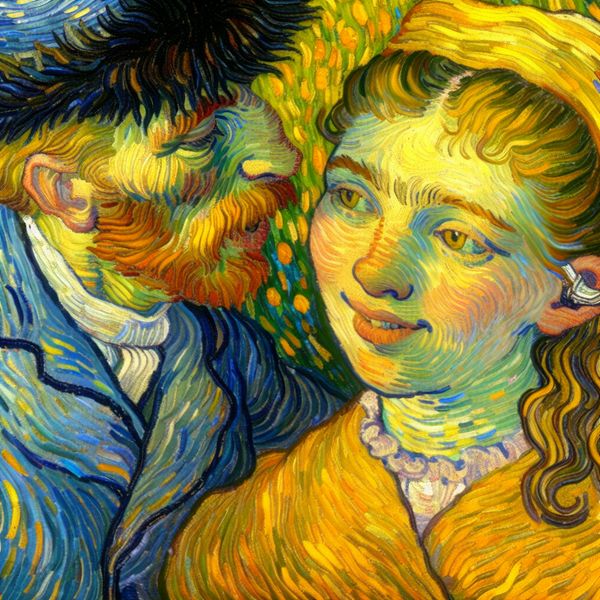 Romantisch tafereel liefdespaar in Van Gogh-stijl met genegenheidsterm 'liefje' Intiem moment tussen een stel in Van Gogh-stijl, waarbij de man 'liefje' fluistert tegen de vrouw met warme, zwierige penseelstreken op de achtergrond