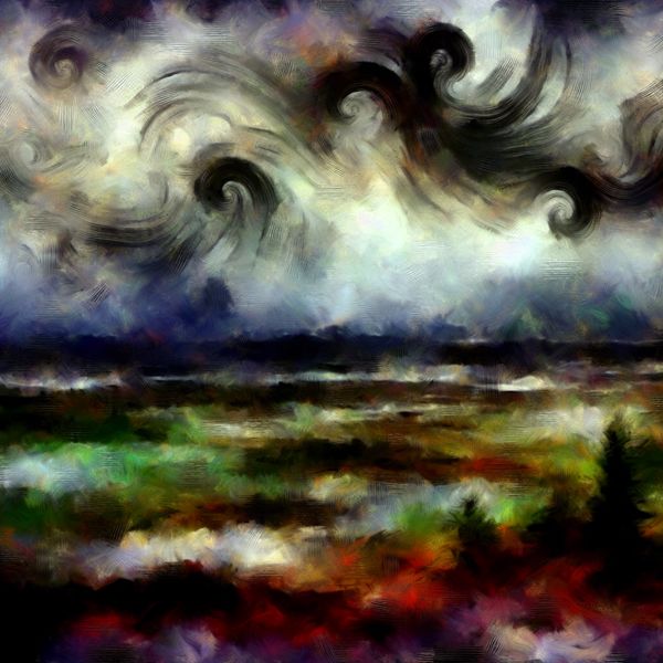 Abstracte expressionistische afbeelding van een moeras in een romantische en mysterieuze omgeving