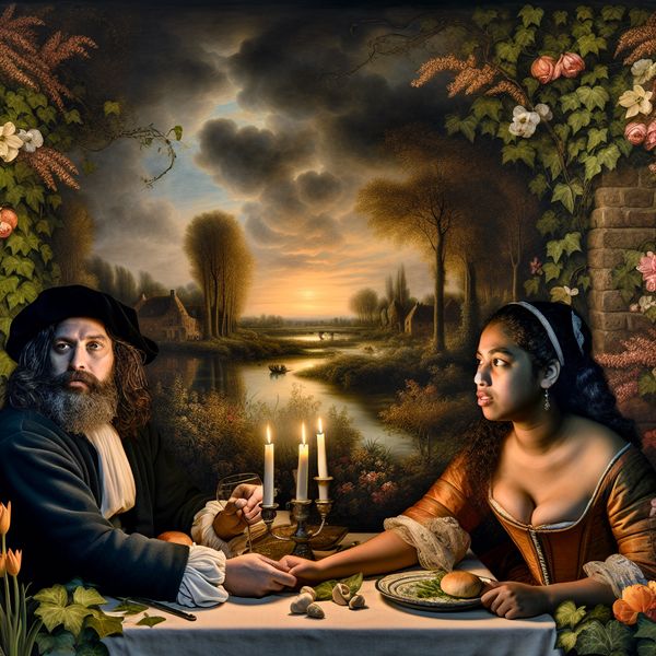 Romantisch avondtafereel van een stel in een sfeervolle tuinrestaurant met kaarslicht, omgeven door bloemen en een dramatische zonsondergang in Nederlandse landschapsstijl