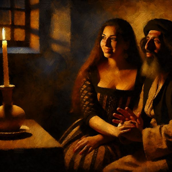 Romantisch schilderij van een liefdeskoppel in Rembrandt-stijl met chiaroscuro-effect Intiem portret van een stel in warme, zachte belichting, geschilderd in Rembrandt-stijl met diepe schaduwen en aardetinten, symboliserend voor een vaste relatie en liefde