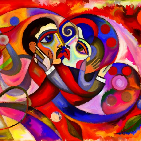 Romantische aantrekkingskracht tussen geliefden in abstracte kunst Abstracte voorstelling van romantische aantrekkingskracht tussen twee geliefden met levendige kleuren en expressieve houdingen.