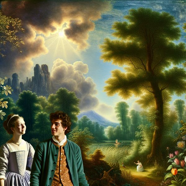 Romantische aantrekkingskracht in een weelderig landschap Een jonge vrouw kijkt vol bewondering naar een charmante jonge man in een groene landschapsscène