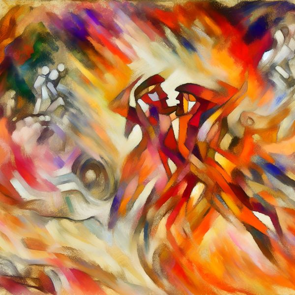 Romantische achtervolging in abstract expressionistische stijl - halen achter iemand aan Abstract expressionistisch kunstwerk van twee figuren die romantische achtervolging uitbeelden met warme en koele kleuren