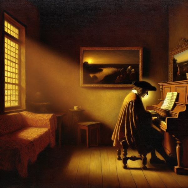 19e-eeuwse Romantische schilderij in de stijl van Johannes Vermeer: componist aan een piano in een sfeervol verlichte kamer, omringd door kunstwerken uit de Romantiek