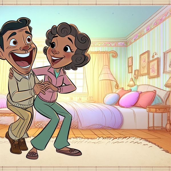 Romantische omhelzing in een gezellige slaapkamer Twee mensen in een speelse en romantische omhelzing in een gezellige slaapkamer